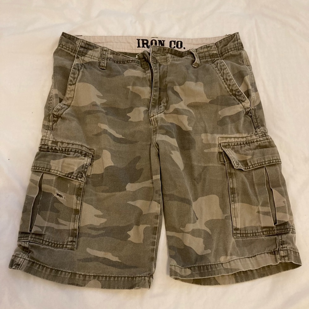 Distressed camo cargo shorts